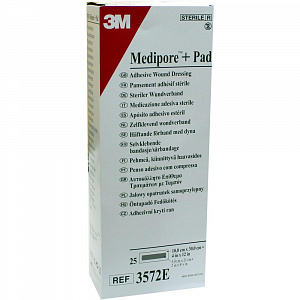Раневая повязка  3М Medipore™ + Pad 10 X 30см, прокладка 5 х 25,5 см 25 уп/кор. 3572E