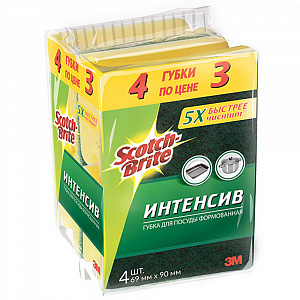 Губка Scotch-Brite® Интенсив, формованная, для посуды, 69 мм х 90 мм, 4 шт./уп.